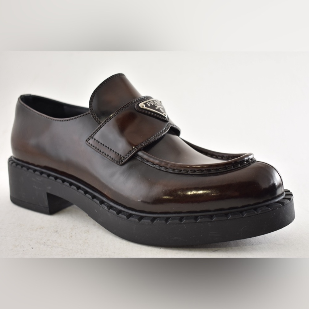 Prada Triangle Logo Fume Brown Black Platform Loafer Creeper Slip On Flat 41.5 - Picture 5 of 15